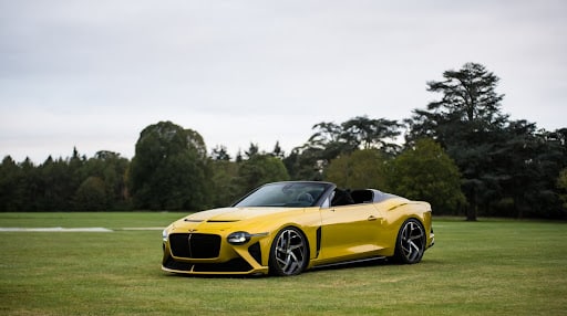 A yellow bentley mullinar bacalar parked in a green medow.